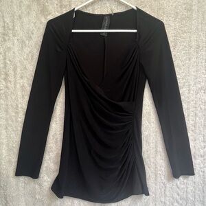 Norma Kamali Black Faux Wrap Top Ruched on Side Sz XS Stretchy